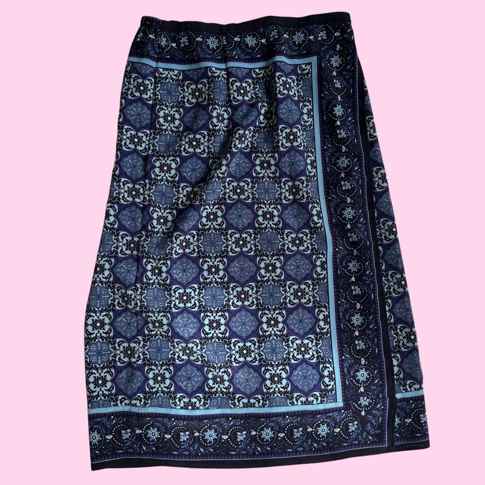 Vintage Sag Harbor Blue Ornate Print Midi Skirt Size 12